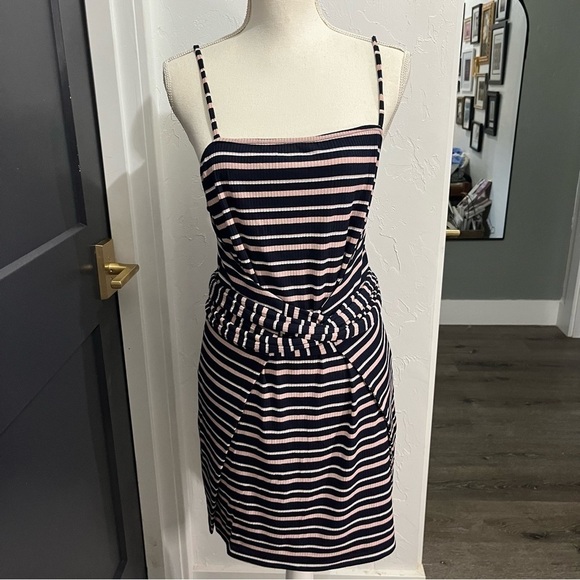 Olivaceous Navy & Pink Striped Faux Wrap Mini Dress Large - Picture 1 of 11